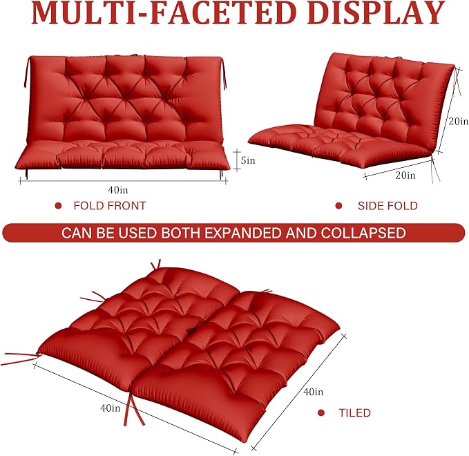 Porch Swing Cushion with Backrest,Waterproof Bench Cushion for Outdoor Furniture,2-3 Seater Replacement Thickened 5 in swing cushion,with Ties,Patio,Outdoor,Backyard and Garden (Red,40x40 in)