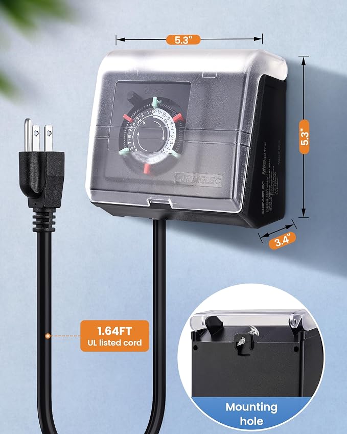 SURAIELEC Mechanical Pool Timer for Above Ground Pools, NEMA 5-15R Plug-in 24-Hour Timer with Dual Outlets, 15A 125V 1HP, Up to 3 Daily Settings, Weatherproof Cover for Pool Pumps, Outdoor Lighting