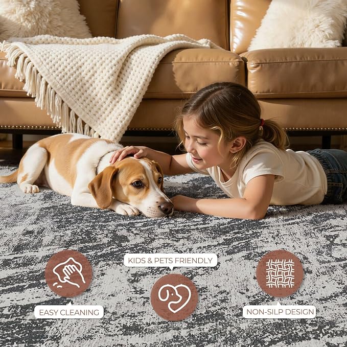 DMOYEST 6ft Round Area Rug for Living Room Washable Non Slip Circle Rug | 6x6 Neutral Modern Abstract Low Pile Rugs Kid & Pet Friendly Soft Carpet for Bedroom and Dining Room - Light Black