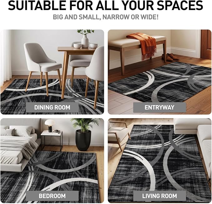 Rugshop Wavy Circles Modern Non-Shedding Large Area Rug Black 8'8" x 12' | High Traffic,Fade Resistant, Living Room, Bedroom, Dining Room, Home Office, Kitchen, Entryway, Hallway, Nursery,Basement