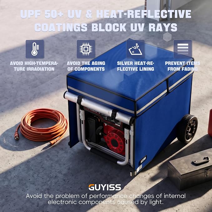 Generator Covers While Running. 360° All-round Double-layer Protection. 38"L×28"W×27"H. The Top can be Opened for Adding Fuel. Blue.