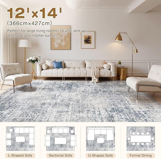 kakania Abstract 12x14 Area Rugs for Living Room: Washable Rugs Blue Grey | Soft, Non-Slip, Low-Pile, Pet & Kid Friendly - Large Modern Home Decor Carpet for Bedroom/Dining Room/Office/Nursery