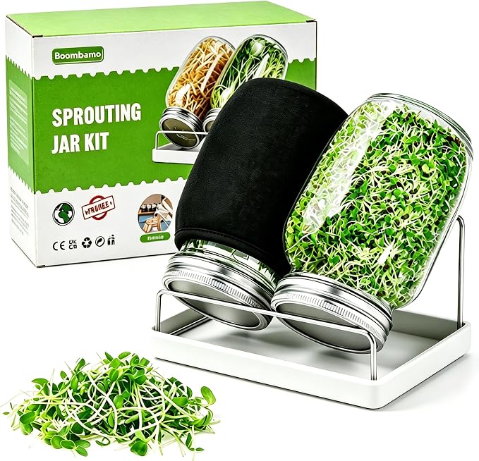 Sprouting Kit,Seed Sprouting Jar Kit,2Pcs Large Wide Mouth Mason Jar with 304 Stainless Steel Screen Sprout Lid,Sprout Jar Stand,Tray,Blackout Sleeves,Sprouts Growing Kit for Broccoli,Mung Bean