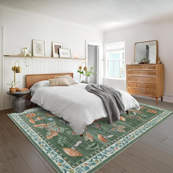 ROYHOME Mushroom Washable Rug 5x7 Area Rugs for Living Room, Insect Print for Bedroom, Non Slip Throw Rugs with Rubber Back, Soft Low Pile Dining Room Carpet for Under Table, Green