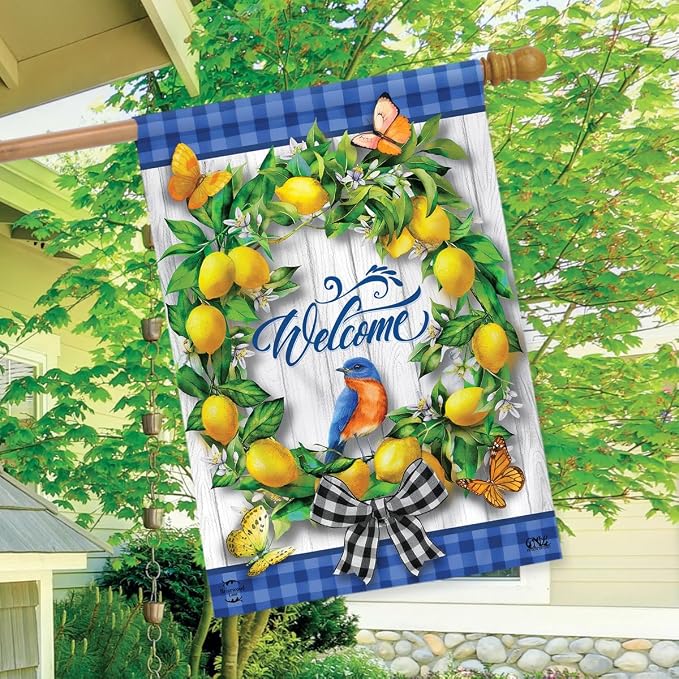 Lemon Wreath Spring House Flag Welcome Bluebird 28" x 40" Briarwood Lane