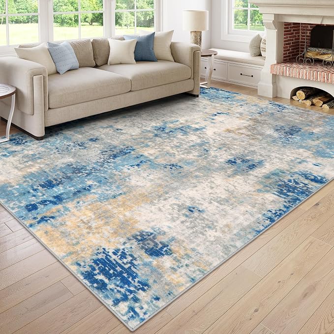 Lahome Modern Abstract Living Room Rug, Washable 8x10 Area Rugs for Bedroom Stain Resistant Non Slip, Large Blue Soft Indoor Carpet for Dining Room Table Apartment, Blue/Grey
