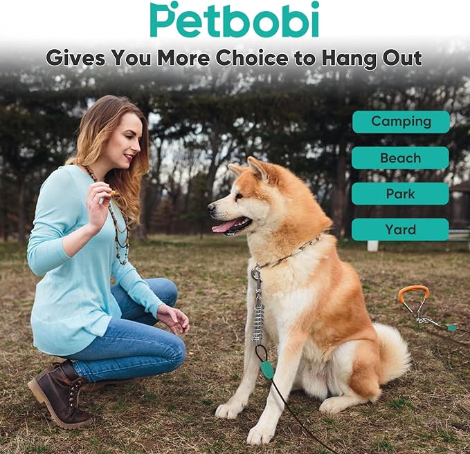 Petbobi Dog Tie-Out Cable and Stake - 10ft Heavy Duty Cable with Spring, No Tangle, 16in Ground Stake, Ideal for Outdoor Yard, Camping, Suitable for Small Medium Large Dogs Up to 120 lbs, Black
