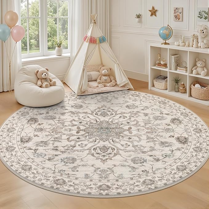 Round Area Rug for Living Room: 6ft Boho Washable Rug Brown Beige | Vintage Boho Soft Round Rug Indoor Floor No Slip Carpet Stain Resistant Rugs for Bedroom Dining Room Nursery Home Office