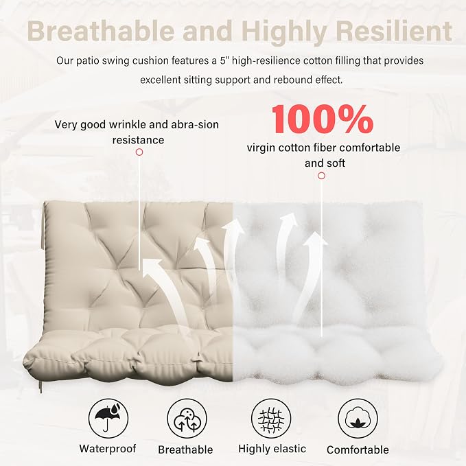 Porch Swing Cushion with Backrest,Waterproof Bench Cushion for Outdoor Furniture,2-3 Seater Replacement Thickened 5 in swing cushion,with Ties,Patio,Outdoor,Backyard and Cream (Cream,60x40 in)