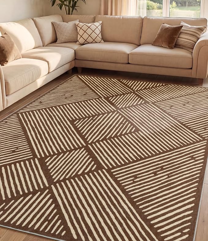 5‘x7' Washable Brown Stripe Area Rug for Living Room | Non-Slip, Soft, Low Pile, Stain Resistant, Earth Tone Geometric Rug for Bedroom Dining Room