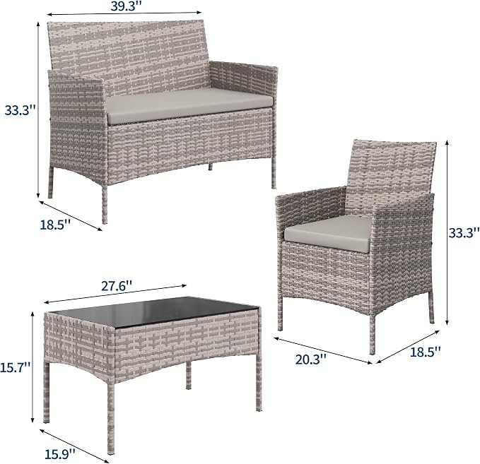 4-Piece Outdoor Furniture Set, PE Rattan Wicker Chairs with Soft Cushions & Tempered Glass Coffee Table - All-Weather Patio Set for Garden, Backyard, Porch, Poolside (Grey)