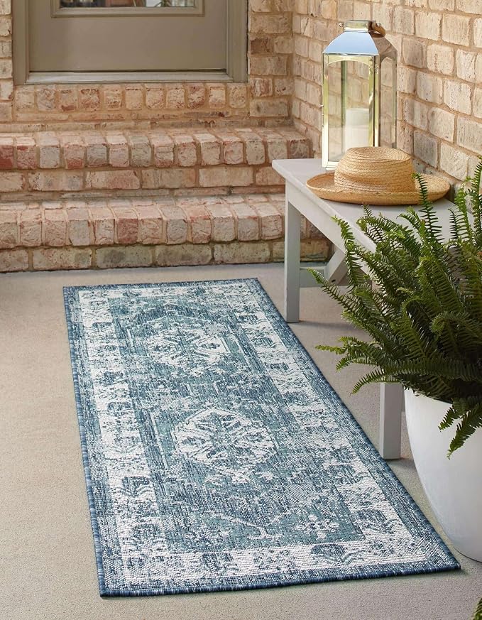 Unique Loom Outdoor Traditional Collection Area Rug - Valeria (2' x 7' 10" Runner, Blue/ Ivory)