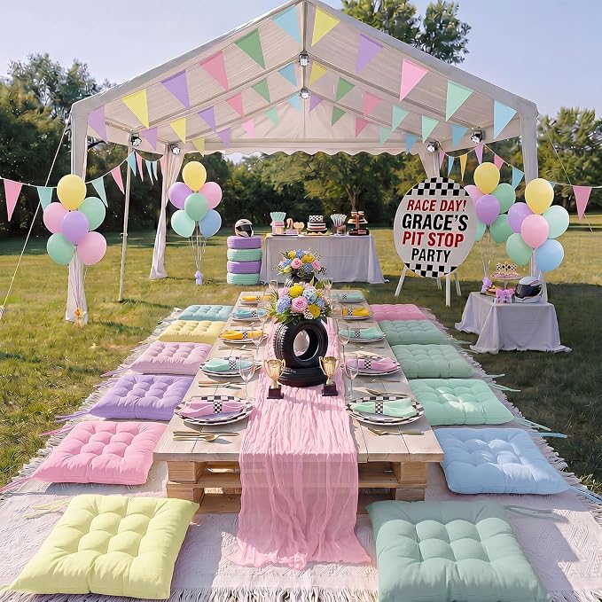 Extra Large Outdoor Picnic Blanket with Table Runner and Floor Pillow Cushion for Picnic Wedding Birthday Baby Shower Backyard Decor(91 x 71'',Pastel,8 Pcs)