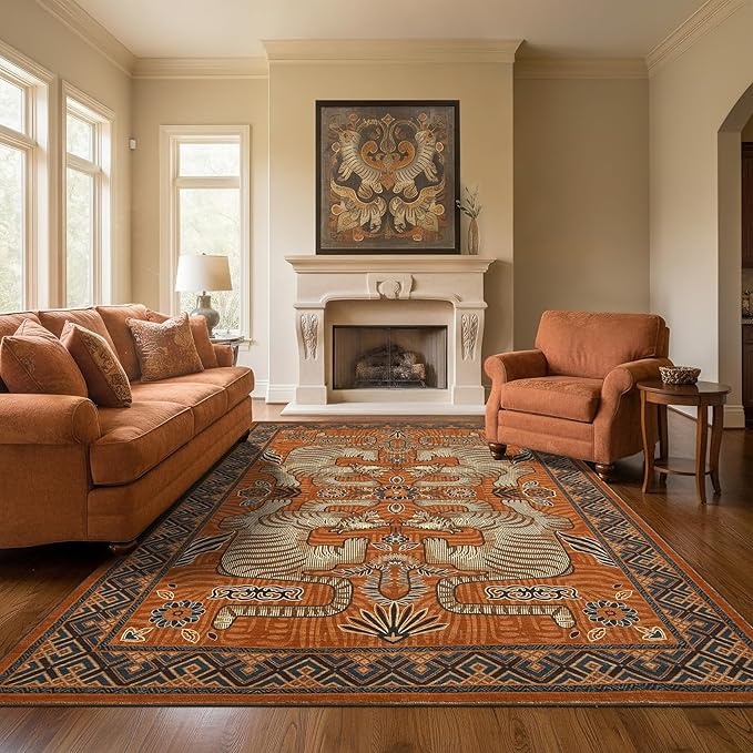 GarveeHome Tiger 8x10 Area Rugs Boho Washable Vintage Non Slip Living Room | Terracotta Rugs for Bedroom, Vintage Tribal Soft Animal Print Throw Rug Ultra Thin Stain Resistant Floor Carpet for Office