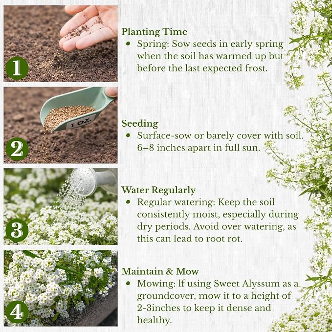 8000+ White Sweet Alyssum Seeds for Planting - Carpet of Snow Flower Seeds, Fragrant Annual Ground Cover, Lobularia Maritima for Garden Borders, Containers, Rock Gardens & Pollinator Habitats