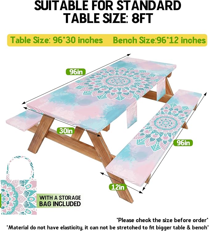 Picnic Table Cover with Bench Covers Waterproof Elastic Rectangle Reusable Folding Tablecloth Mantelería Manteles Camping Essentials Rv Car Travel Supplies Table Cloth Outdoor Road Trip Camper Gifts