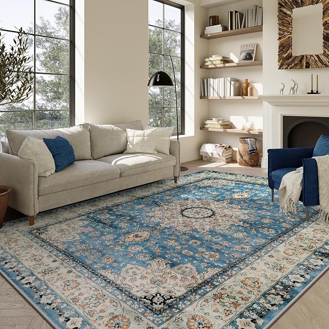 Lahome Felice Oriental Floral Medallion Area Rug - 9x12 Large Rugs for Living Room Soft Rugs for Bedroom, Printed Non Slip Non Shedding Dining Room Carpet for Nursery Playroom Home Decor, Blue