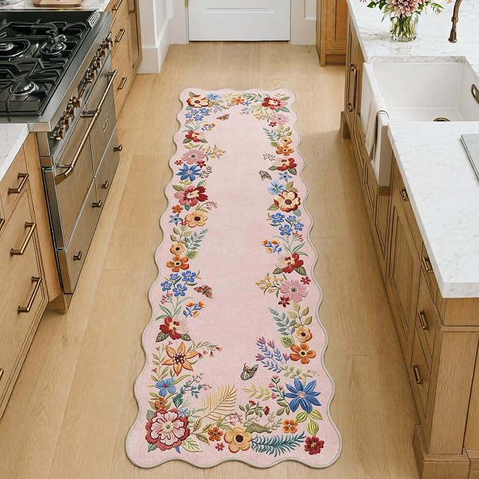FMFUNCTEX 2x6 Hallway Runner Rug Washable Blush Pink Scalloped Floral Boho | Vintage Non Slip Flower Colorful Traditional Low Pile Pattern Indoor Carpet Entryway Rugs Kitchen Bedroom Laundry Bedside