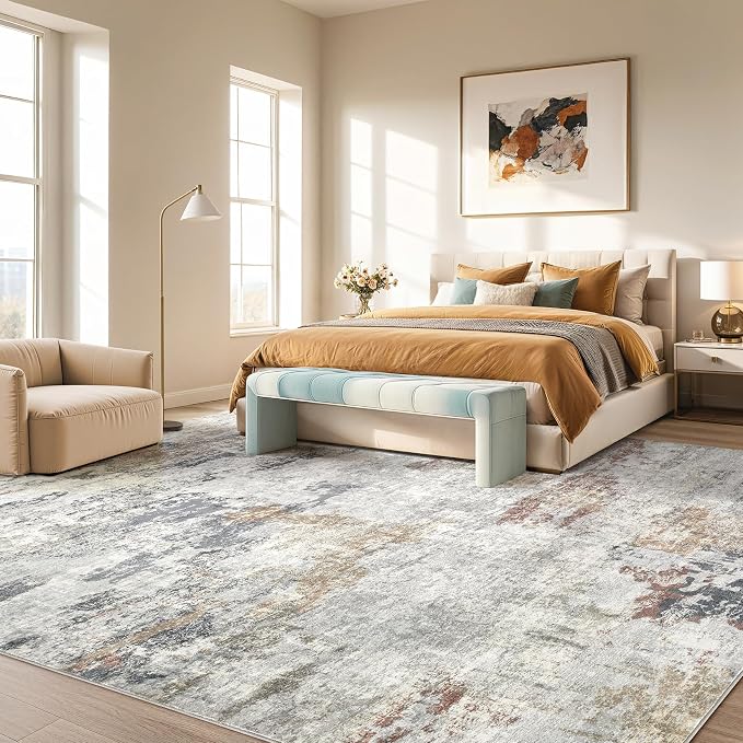 DMOYEST 7x9 Area Rug for Living Room Washable Abstract Indoor Carpet | Neutral Modern Low Pile Rugs Kid & Pet Friendly Large Soft Thin Carpet for Bedroom Dining Room - Grey/Orange/Yellow