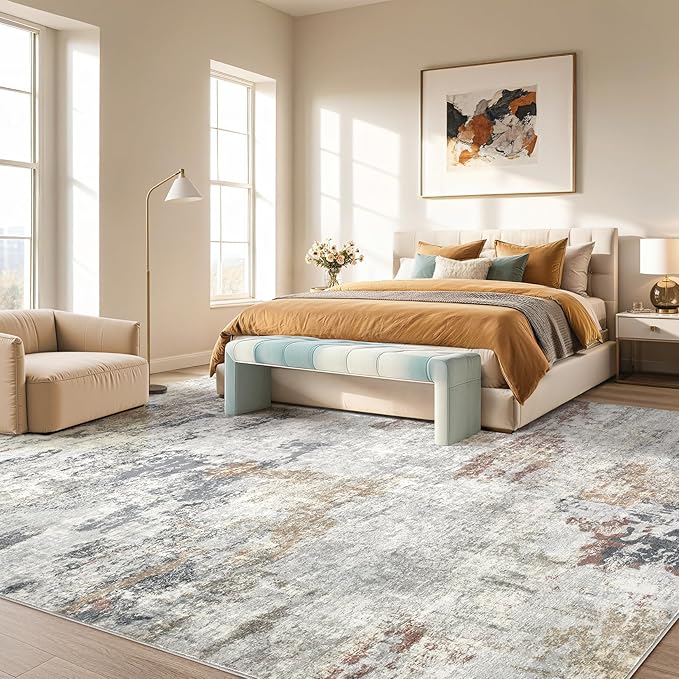 DMOYEST 10x12 Area Rug for Living Room Washable Abstract Indoor Carpet | Neutral Modern Low Pile Rugs Kid & Pet Friendly Large Soft Thin Carpet for Bedroom Dining Room - Grey/Orange/Yellow