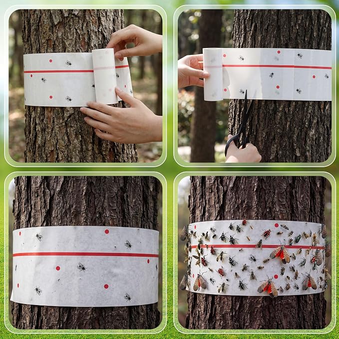 12 Rolls Spotted Lantern Fly Tree Trap 30 Feet Each Roll Lanternfly Tree Outdoor Fruit Fly Sticky Strips Paper Insect Sticky Barrier Trunk Wraps to Protect Plant, Lawn, Garden(White)