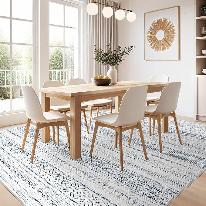 Nakagishi 8x10 Area Rugs Living Room: Washable Boho Large Neutral Soft Farmhouse Rug Stain Resistant Modern Indoor Floor Non-Slip Carpet for Bedroom Nursery Kids Playroom Office Dining Dorm-White Blue