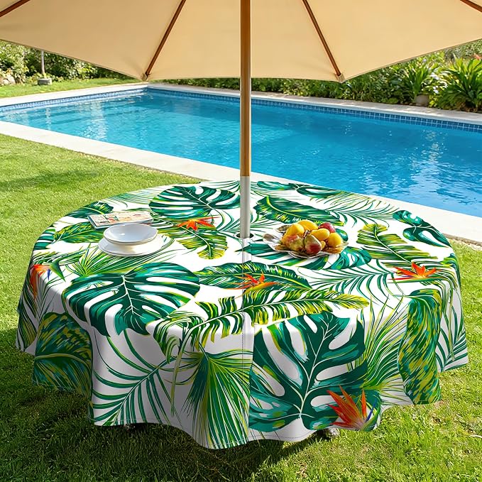 Green Leaves Outdoor Tablecloth with Umbrella Hole 60" x 60" Waterproof Zipper Table Cloth for Patio Table - Ideal Tablecloths for Picnics, Camping, and Yard Use
