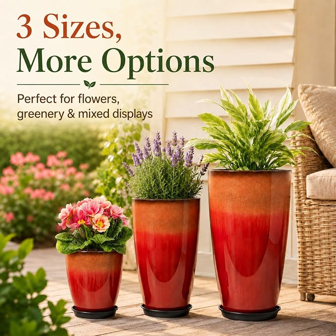 Neoaider Set of 3 Tall Planter, 24/21/12in Large Plastic Planter, Firey Red | Ceramic-Look, Lightweight, Built-in Drain Hole, Saucers, Tall Outdoor Planter for Porch, Garden, Patio, Balcony