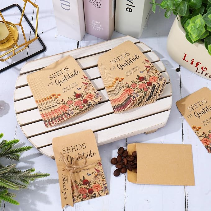 JarThenaAMCS 50 Sets Spring Wildflower Seed Packets Seeds of Gratitude Adhesive Kraft Envelopes Floral Seed Storage Bags with Thank You Tags for Guest Birthday Wedding Party Favors(No Seeds Include)