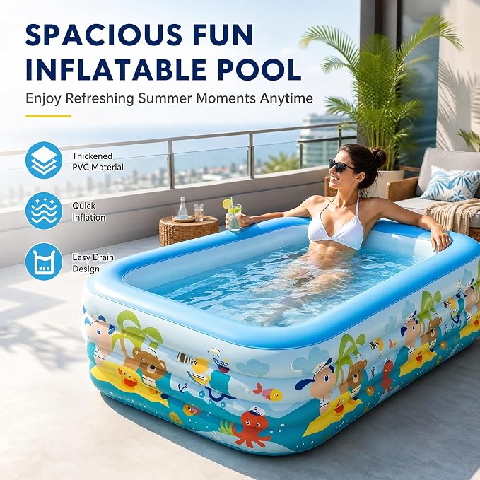 Heavy Duty 4-Ring Inflatable Family Pool 71x51x26 Inches Blow Up Swimming Pool for Backyard Garden Summer Water Party