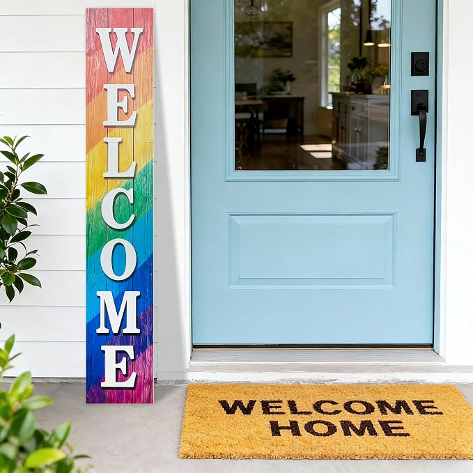 Vertical Wood Welcome Sign for Front Porch Vertical Decorative Sign Front Door Outdoor Indoor Welcome Sign 47.2x7.8 Inch Large Farmhouse Style(Rainbow)