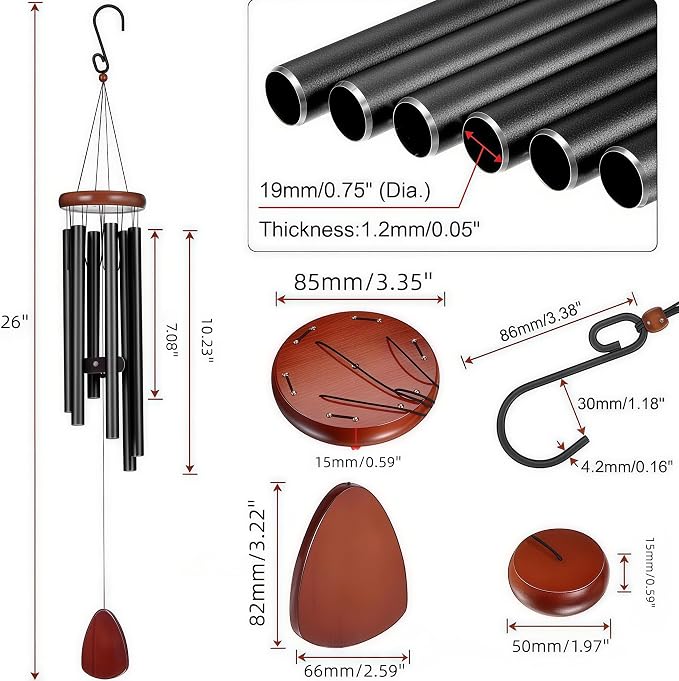 26 Inch Black Wind Chimes for Outside, Soft Tone Metal Wind Chimes for Garden Decor, Small to Medium Outdoor Chimes for Patio, Balcony, Housewarming Gift