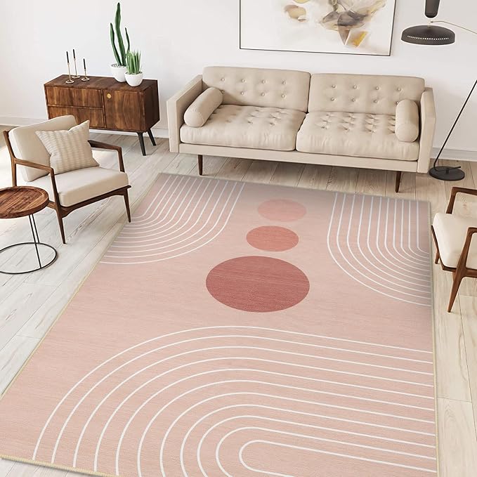 Boho Rug 4x6 Modern Geometric Minimalist Abstract Area Rug for Living Room Pink Mid Century Modern Contemporary Machine Washable Non-Slip Printed Low-Pile Carpet Dining Room Bedroom Office Pink