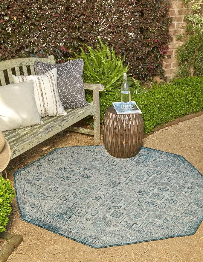 Unique Loom Outdoor Aztec Collection Area Rug - Coba (7' 10" Octagon, Teal/ Ivory)
