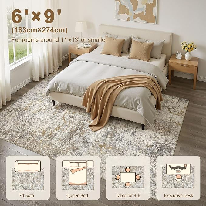 kakania Washable 6x9 Area Rug for Living Room: Abstract Modern Home Decor | Soft Stain Resistant, Low-Pile, Non-Slip, Pet & Kid Friendly, Thin Rug for Bedroom/Dining Room/Kids Dorm - Brown Gold
