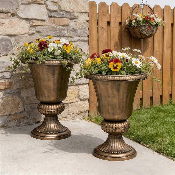 Athena Collection 20''H Bronze Garden Plastic Urn - Vintage Tall Large Planter for Indoor Outdoor Patio Porch, 2 Pieces Flower Pot, Bronze