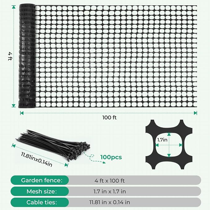 Ohuhu Plastic Garden Fence Safety Fence, 4'x100'/10.7LB Reusable Netting Plastic Mesh Fence Roll, Temporary Fencing for Animal Barrier Construction Snow Fence Poultry Rabbits Chicken Dogs Deer
