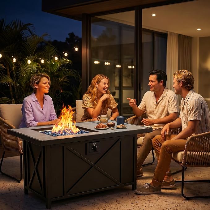 BALI OUTDOORS 42 inch 50,000 BTU Rectangular Propane Gas Fire Pit Table with Fire Glass and Table Lid, Fire Pits Outdoor for Garden, Patio, Backyard
