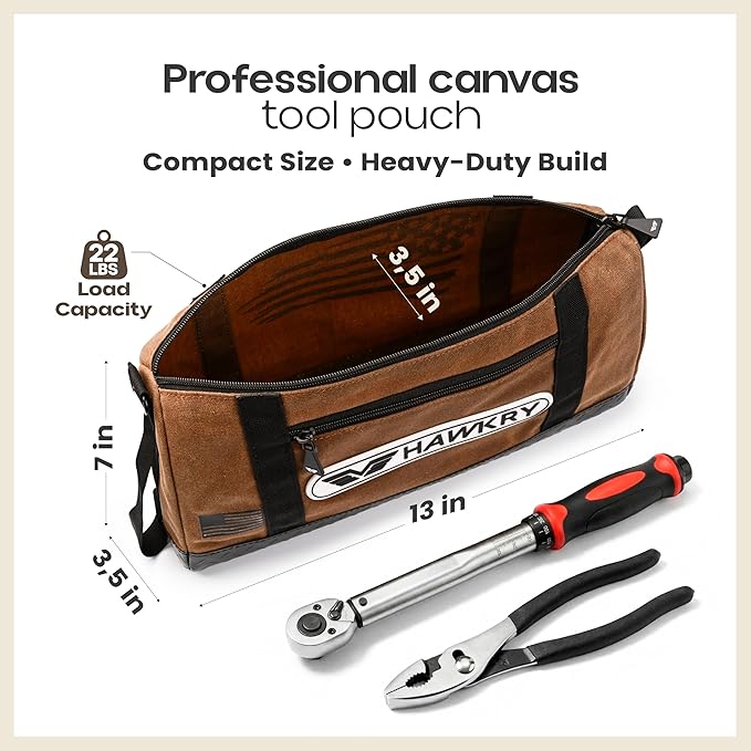 HAWKRY Heavy Duty Canvas Tool Bag – Waterproof Canvas Zipper Pouch, Garden Tool Bag, Construction Bags Heavy Duty, Small Zipper Pouch, Motorcycle Tool, Multipurpose Fishing Bag