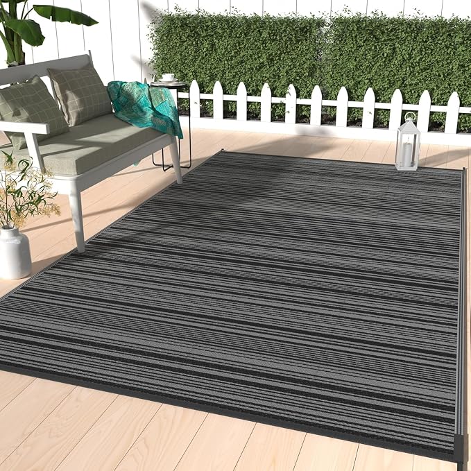 GENIMO Outdoor Rug for Patio Clearance, 6'x9' Reversible Plastic Straw Rugs, Lightweight Waterproof RV Camping Mat for Camper, Balcony, Deck, Backyard, Picnic, BlackGray