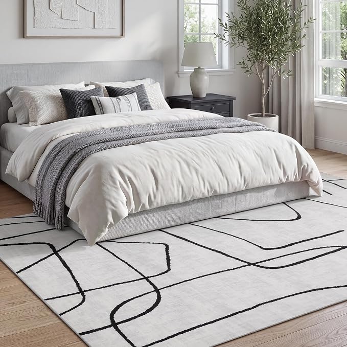5x7 Washable Modern Abstract Black White Area Rug | Ultra-Thin Low Pile, Non-Slip TPE Backing, Soft Stain Resistant, Machine Washable, for Bedroom Livingroom High Traffic