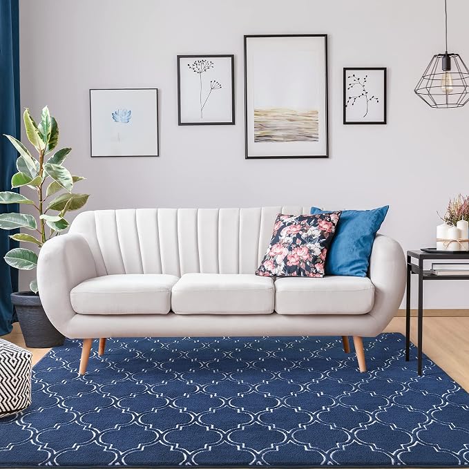 Chicrug 4x6 Shag Geometric Modern Area Rug for Bedroom Living Room | Memory Foam Indoor Carpet, Fluffy Rug for Bedside Room for Family Girls Kids Play Mat, Navy and White