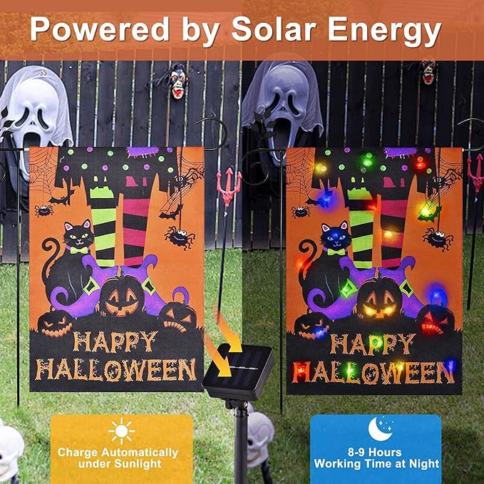 Halloween Lighted Garden Flag,Solar Outdoor Decor Yard Flag,8 Modes Led Witch Feet Shape Flag,12x18 Double Sided Cauldron Eyeball Black Cat Decorations for Home Porch