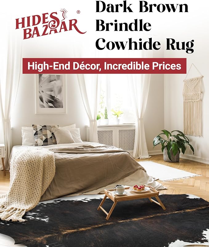 HIDES BAZAAR Dark Brown Brindle Cowhide Rug 6x8 ft, Real Hair on Hide Rug | Dark chocolate brown brindle stripes. Genuine hair on hide tanned soft, one of one cow skin anchor for cabin or modern homes