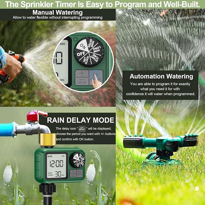 Water Timer for Outdoor Garden Hose, Sprinkler Timer for Garden Faucet with Auto/Manual/Rain Delay Mode, Sprinkler Irrigation Controller for Yard Lawn (1 Zones Brass Inlet & Outlet)