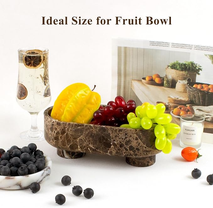 LIN CHUAN Natural Oval Marble Fruit Bowl for Kitchen Counter | Two-Legged Decorative Pedestal Bowl for Dining Table Decor, 10" Luxury Entryway Catchall Purse Bowl - Dark Brown