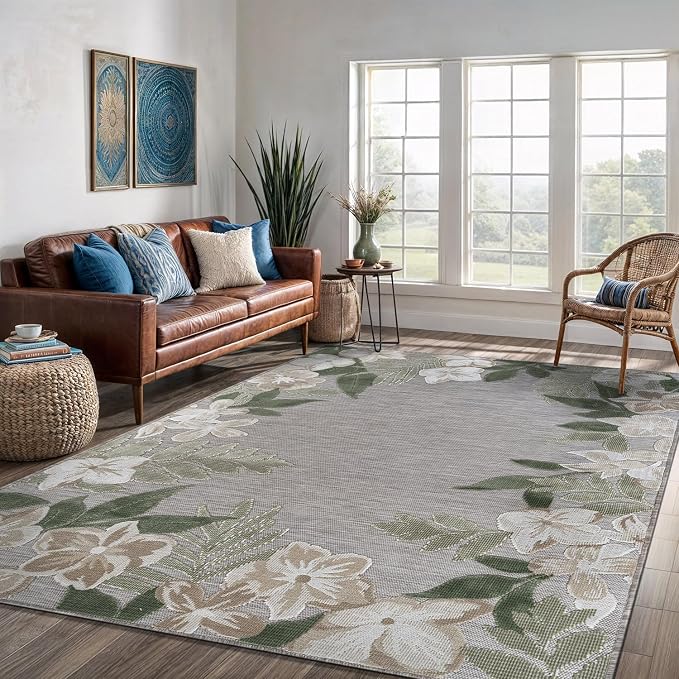Outdoor Rug 6x9 Washable Area Rugs Indoor Outdoor Carpets Green Border Floral Non Shedding Waterproof Easy Clean Patio Deck Porch Living Room Bedroom Garden RV (6 X 9 Green)