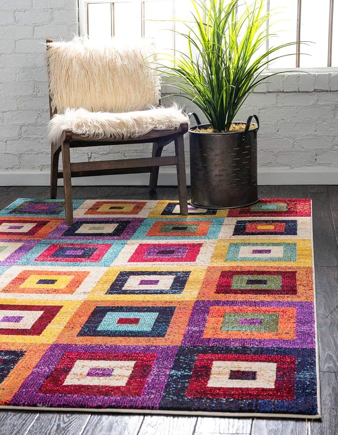 Unique Loom Estrella Collection Colorful, Geometric, Squares Modern, Abstract Area Rug (9' 0 x 12' 0 Rectangular, Multi/Beige)