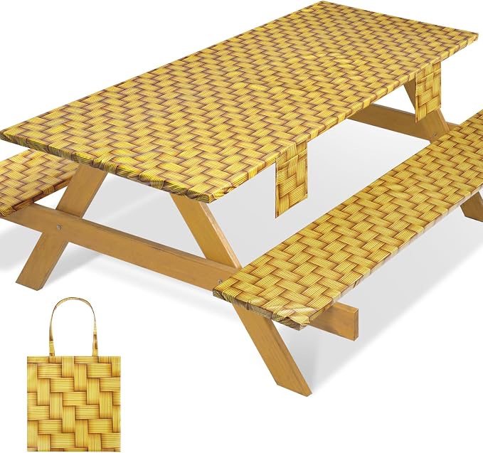 Fitted Picnic Table Cover with Chair Covers Elastic Water Resistant Camping Tablecloth for 8 Foot Rectangle Tables Garden Patio Outdoor Organization Road Trip Hiking Motorhome Essential Gift