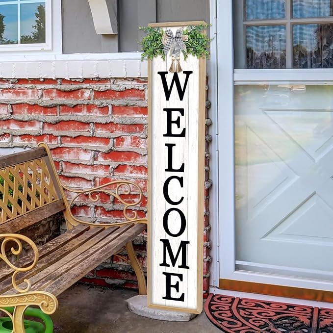 Welcome Sign for Front Porch Standing 45"X9" Large Vertical Farmhouse Outside Front Door Sign Leaner Tall Vintage Outdoor Wreath Patio Garden Wood Framed Decorations (Wood White)